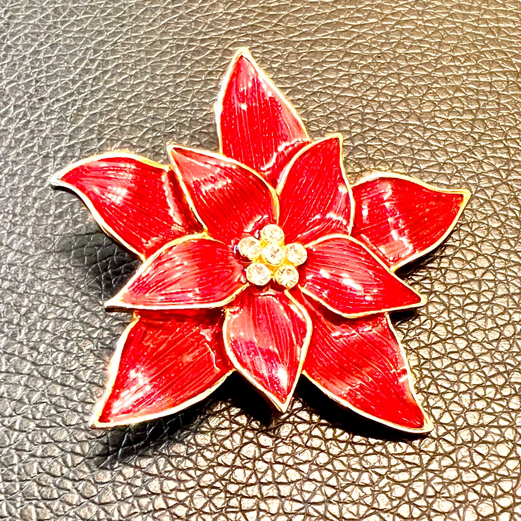 Vtg Eisenberg Ice Holiday Red Enamel Poinsettia Brooch Gold Tone Setting 39$